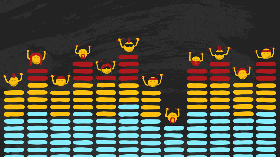 Illustration of An equalizer display with a bunch of drumming particles bouncing on the tops of each bar