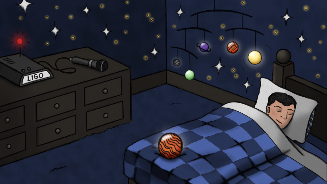 Kid asleep in bed with solar system above bed, stars on wall, and LIGO machine on dresser with microphone