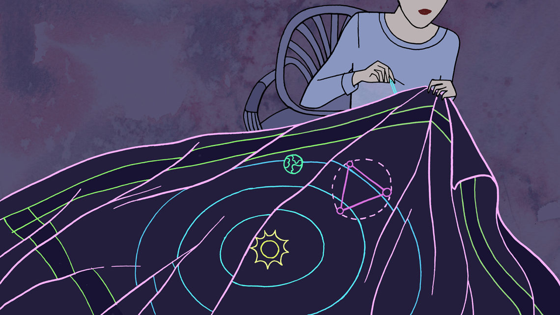 Woman weaving blanket with gravitational waves on it 