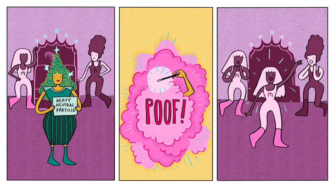Triptych image of woman holding sign that says "heavy neural particles", pink poof, and three woman dancing 