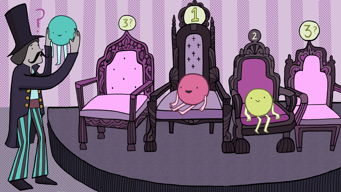 Neutrinos being placed in chairs by man in carnival attire