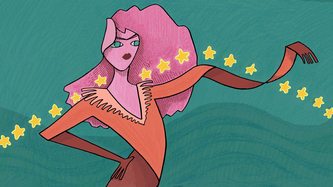 Woman with wavy twisted body, stars moving across her arms