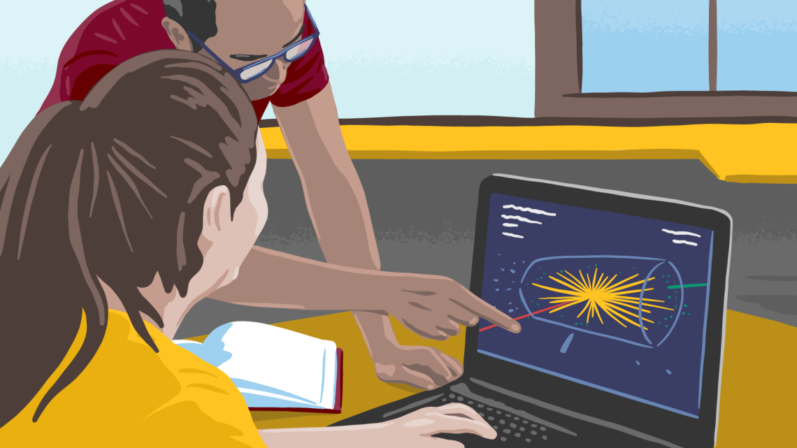 Illustration of a teacher working with a student to analyze CMS experiment data