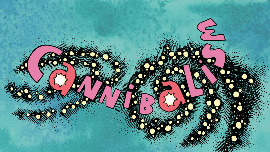 Green and pink graphic of the word "cannibalise" with black and yellow gradational swirls