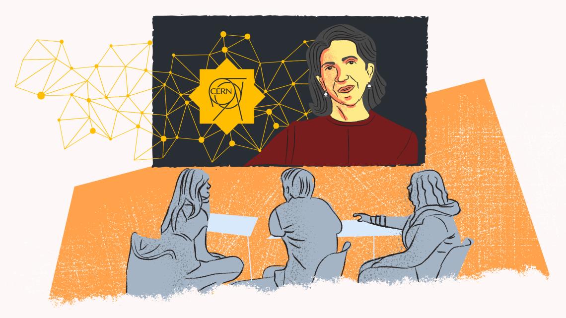 Illustration of Fabiola Gianotti with students