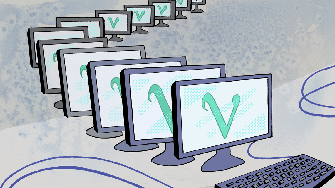 Curved line of computer monitors with neutrino symbol on them