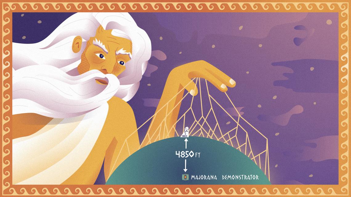 Illustration of Zeus with cosmic rays radiating out of his hand, covering surface of the Earth above the Majorana Demonstrator