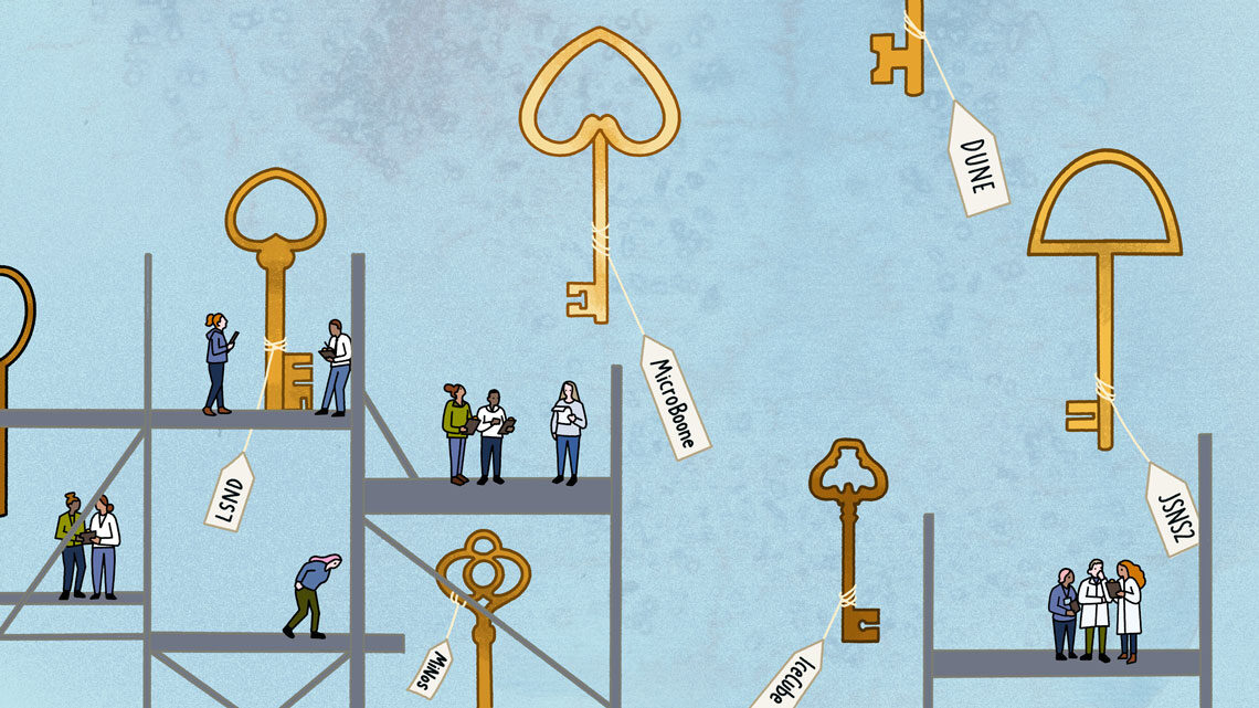 Illustration: Keys labeled with experiment names. Tiny scientists work on scaffolding.