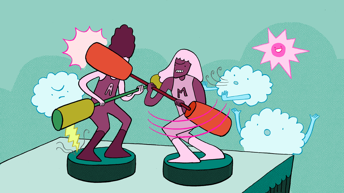 Two people fighting with double sided sticks on platform with clouds in background 
