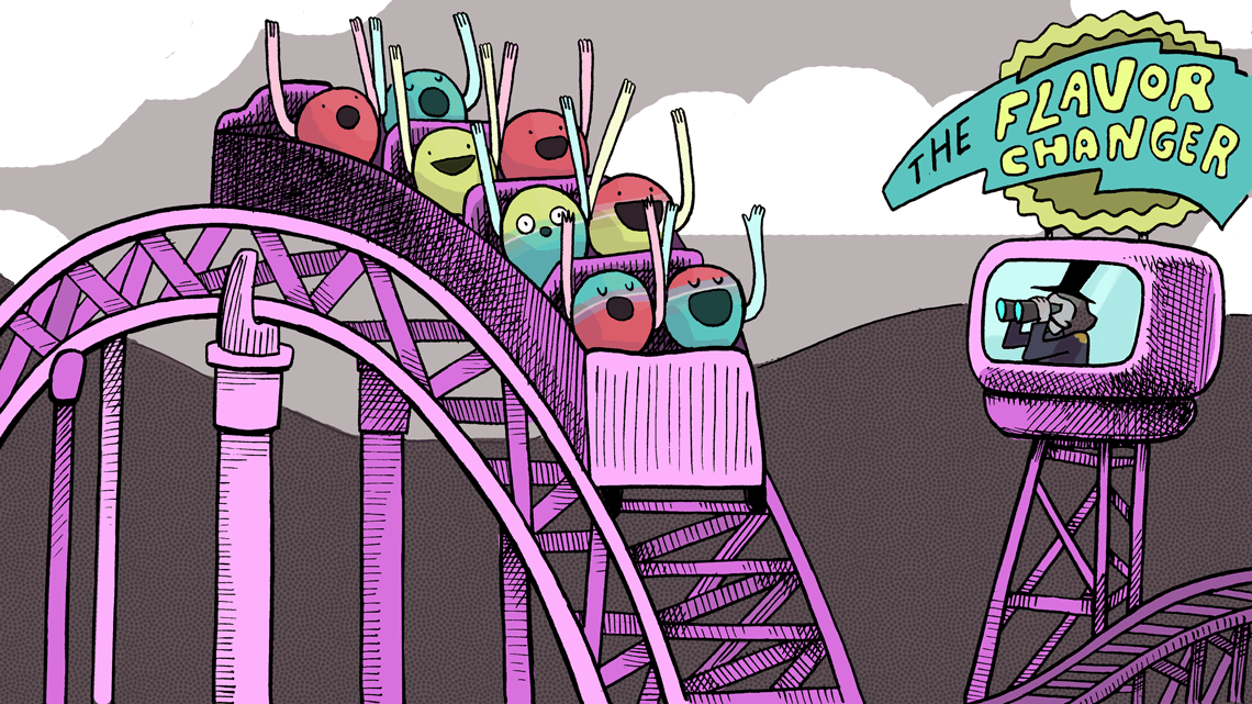 Neutrinos riding a roller coster, at the top of the hill is a sign that says "the flavor changer" and a man in a watch tower