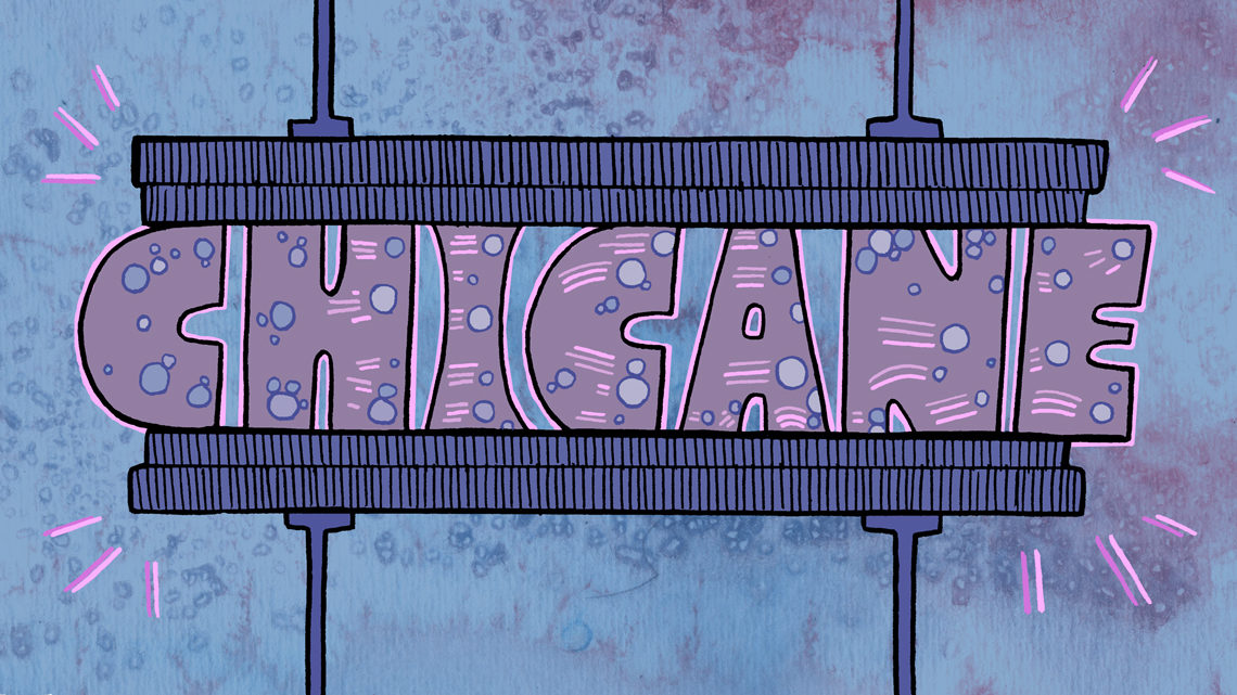 Purple, pink, and blue graphic of word "chicane" being pushed together by machine