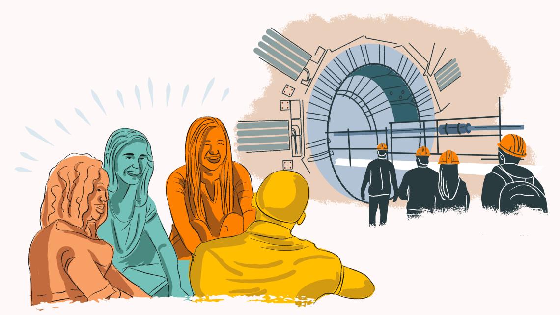 Illustration of students engaging with one another with a scene from their future as scientists in the background