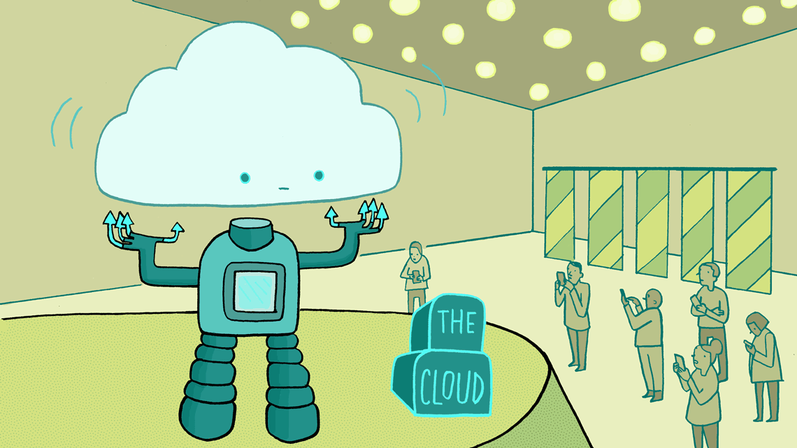 Robot with cloud head on stage "the cloud" with scientists taking notes