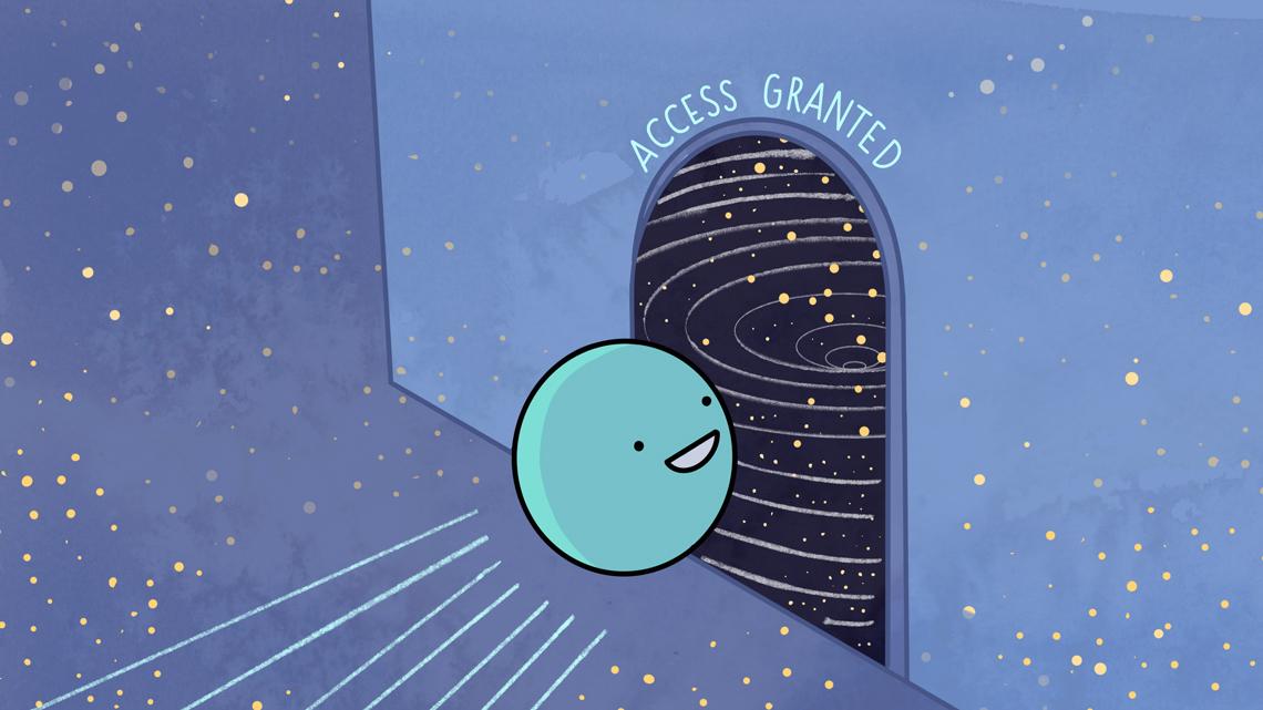 Illustration of a personified Higgs crossing over into the dark sector