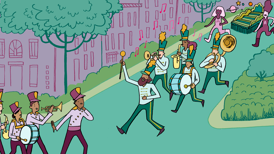 People in marching band walking down the street