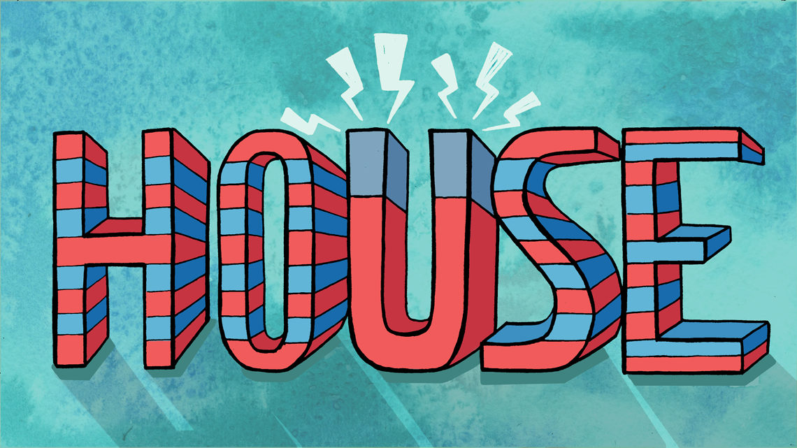 Blue and red magnet graphic of the word "house"