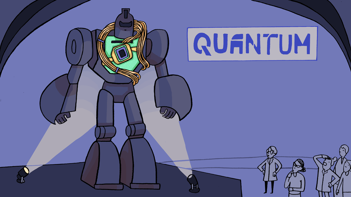 Quantum computing robot on stage with lights on it, scientists in crowd looking up at it