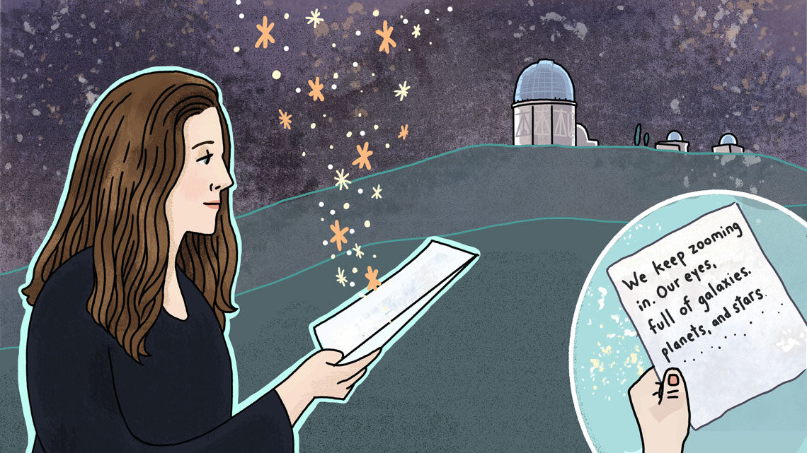 Illustration of Amy Catanzano reading a poem