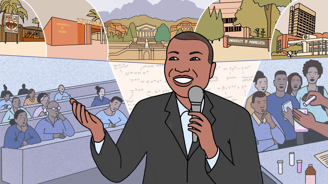 Illustration of Azwinndini Muronga standing in front of images and equations that represent his education and his outreach