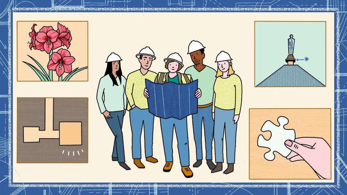 Illustration of Elaine McCluskey reviewing a blueprint with others