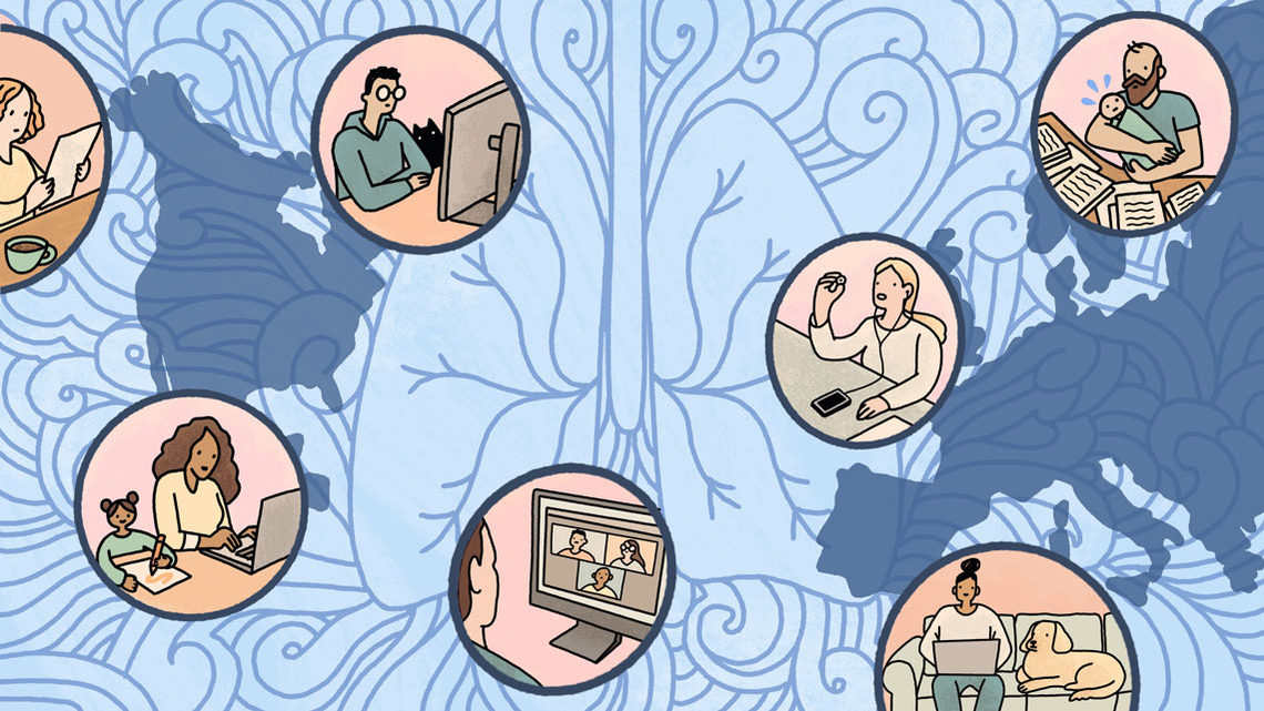 Illustration of people working together (remotely) across the world