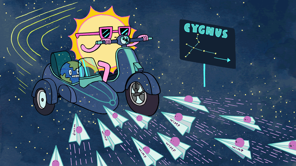 Sun on moped bike with Earth in sidecar going down a "WIMP" speedway, wimps on paper planes