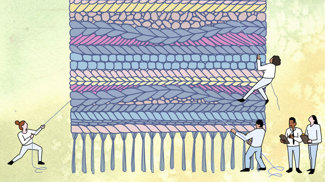 Illustration: Data set shown as a giant weaving with tiny scientists pulling on threads and observing