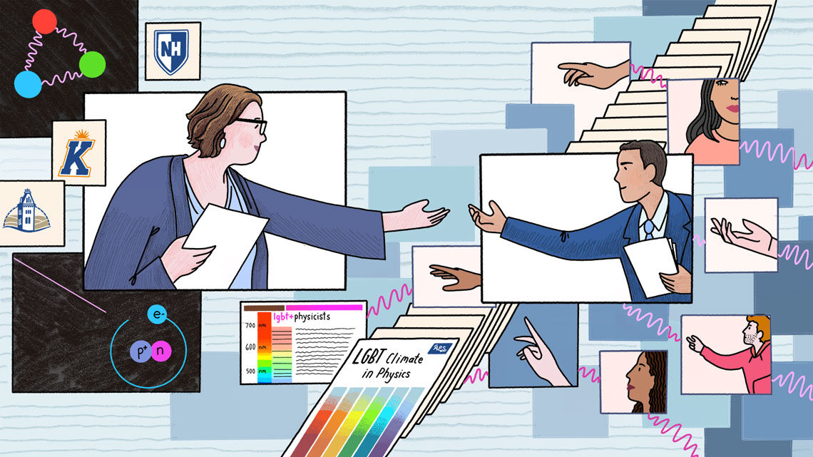 Illustration of Long reaching out to other scientists including Ramon Barthelemy, creating connections
