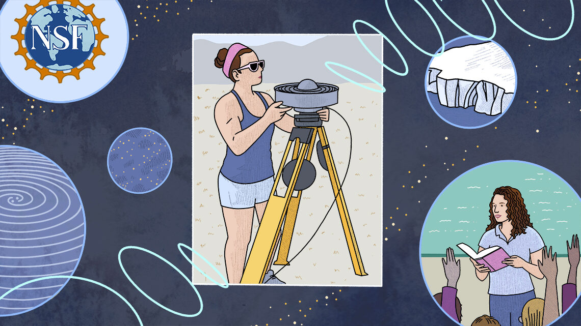 Illustration of scenes relating to Ruth’s science career with a rotating hoop motif