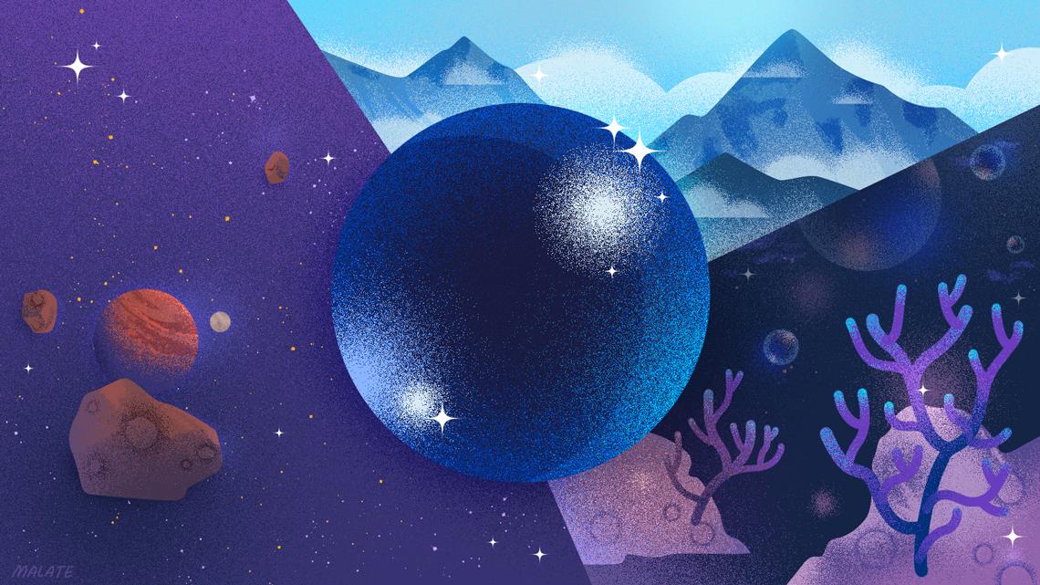Illustration of a Higgs particle looking the same regardless of its environment (mountains, outer space, underwater)