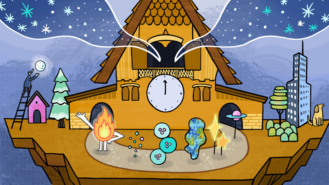 An illustration depicting numerous milestones in the birth of the universe