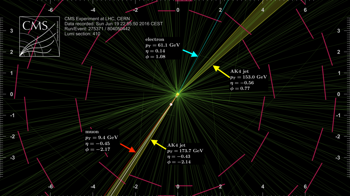Photo of CMS experiment event display identifies an electron and a muon passing through the detector