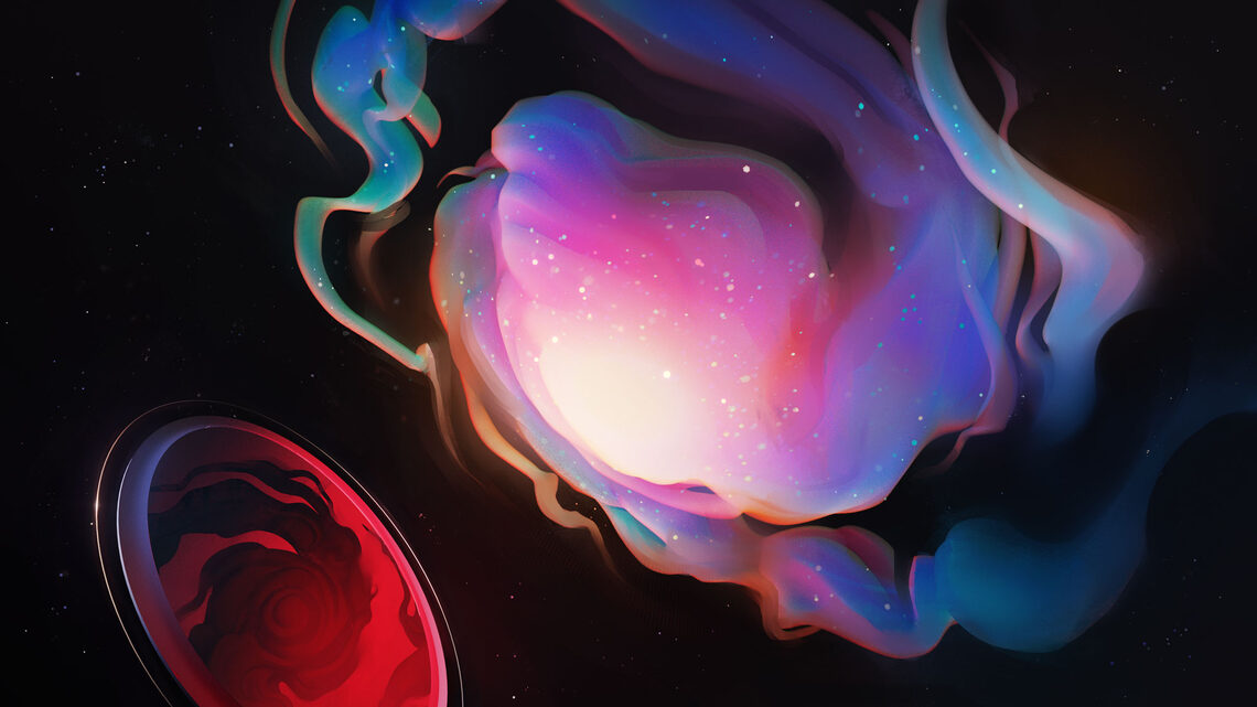 Illustration of a galaxy looking into a mirror