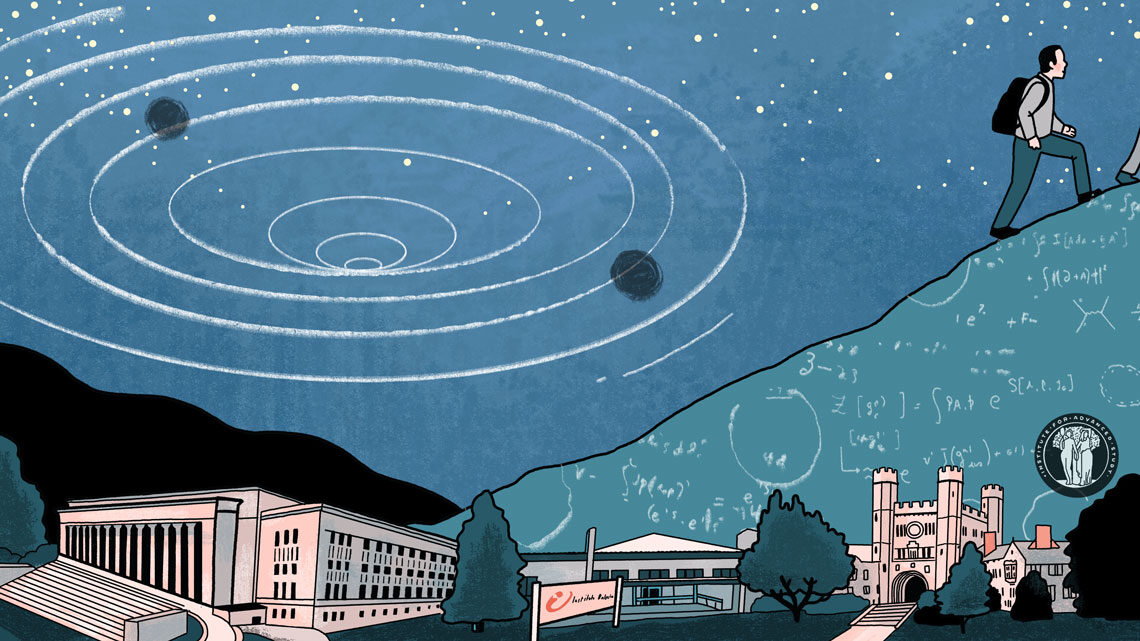 Illustration representing black holes in string theory over hill of scientific formulae Maldacena is hiking up