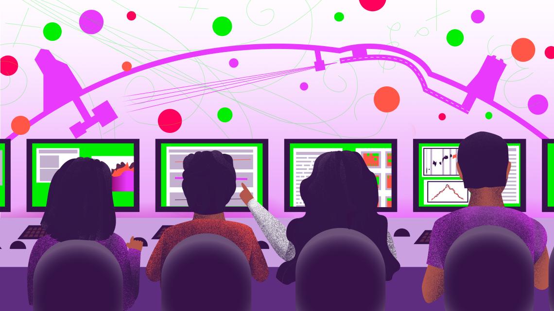Illustration of workers monitoring screens with a representation of the DUNE experiment in the background