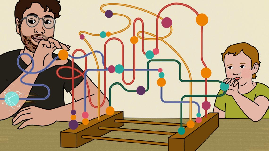 Illustration of a parent playing a bead maze game with their child; one of the beads is moving like an accelerated particle