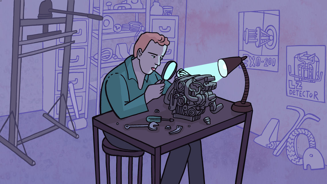 Illustration of Skarpass taking apart a loom in messy workshop.