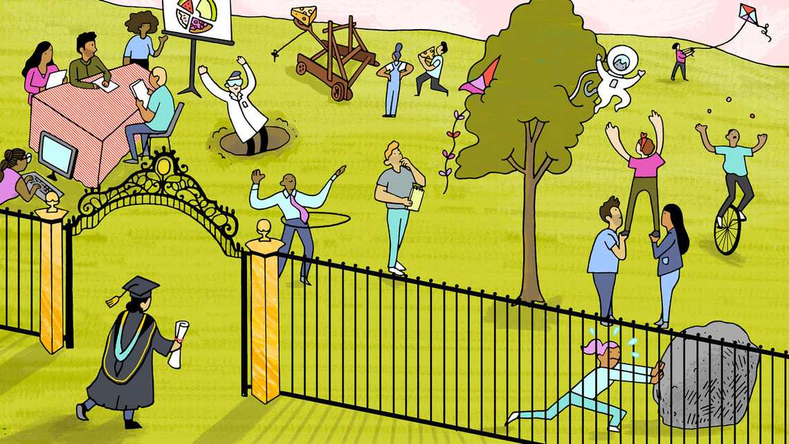 An illustration of a PhD recipient walking through a gate