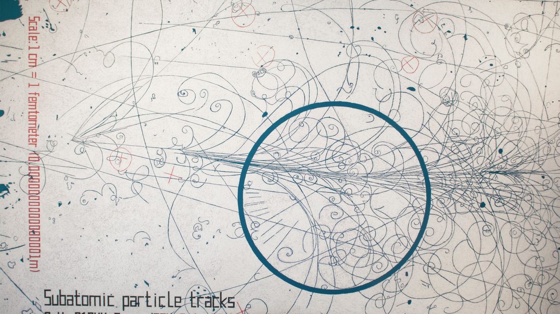 Overhead photo of the completed sand mandala, a white image with blue particle tracks