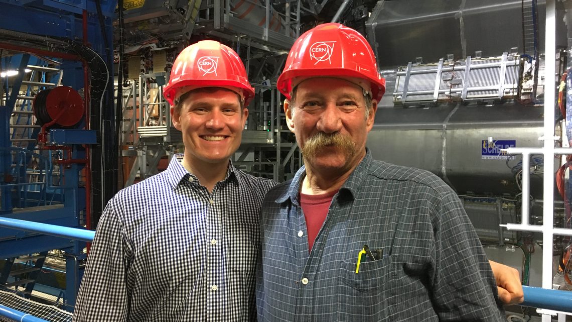 Pasner and his dad near a CERN detector