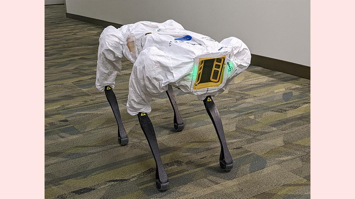 The robot wearing the protective gear
