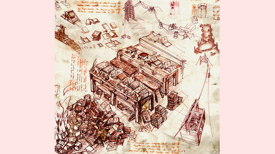 Illustration of particle events depicted as books