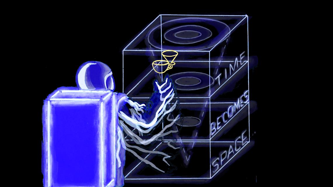 "Time becomes space," depiction of astronaut storing a coffee cup next to a cone