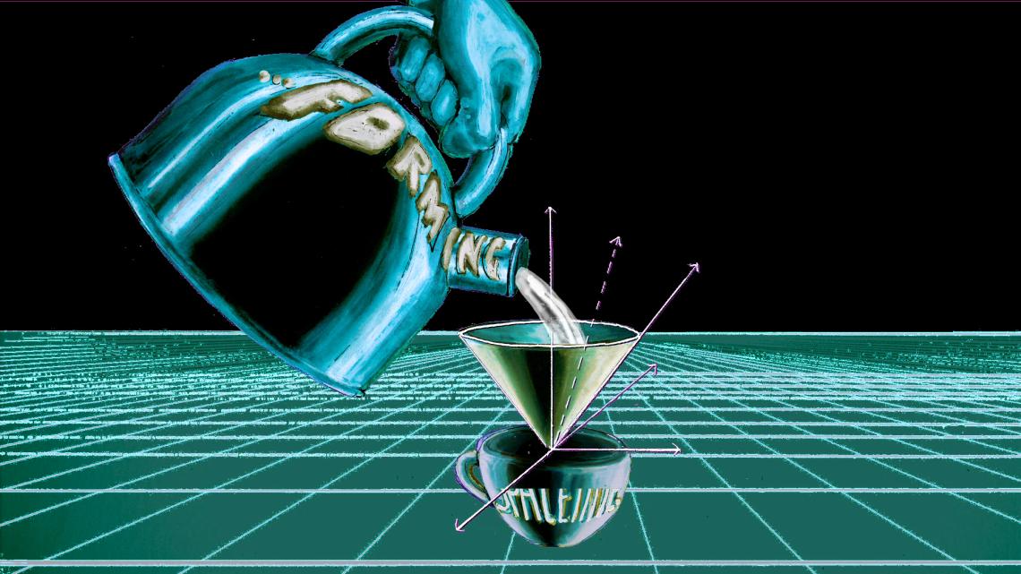 depiction of a hand pouring water through a light cone into a coffee cup