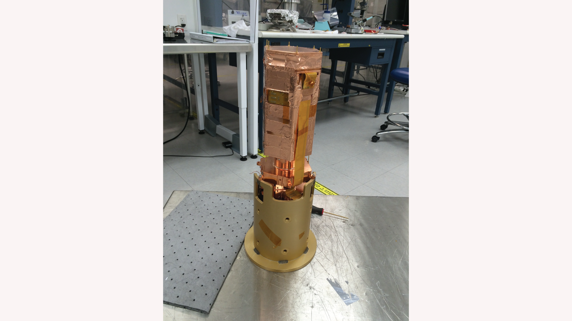 The SuperCDMS SNOLAB engineering tower, which was assembled by Tsuguo Aramaki (SLAC) and Xuji Zhao (Texas A&M).