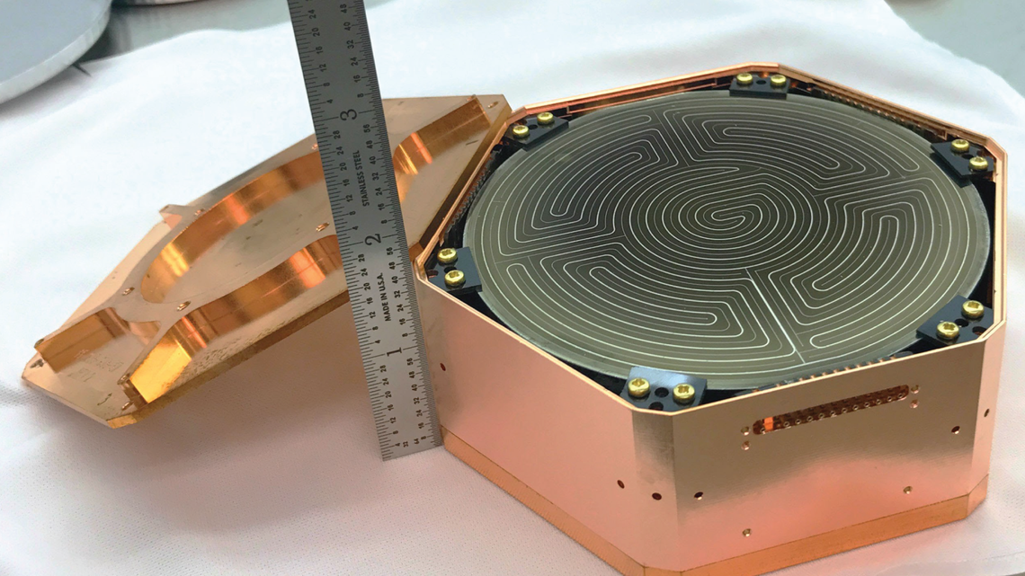SuperCDMS SNOLAB iZIP detector, fabricated at Texas A&M university and packaged by SLAC's Matt Cherry for testing at the Univers