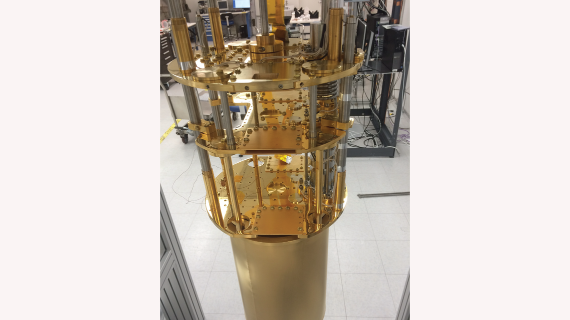 Dilution fridge manufactured by BlueFors Cryogenics installed in Building 33 at SLAC.