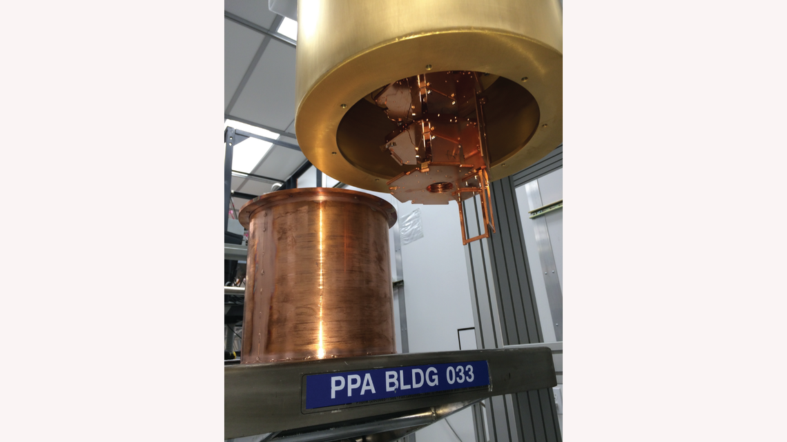 Mechanical test fit of the SuperCDMS SNOLAB engineering tower at the dilution fridge test facility in Building 33 at SLAC.