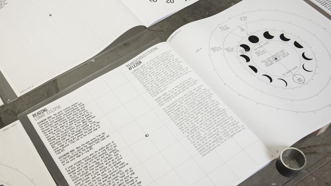 Close-up photograph of one of the manuals, turned to a page marked "Reading Lunar Eclipse"