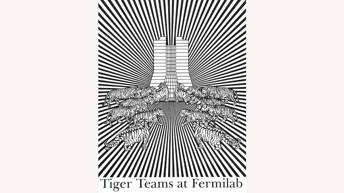 Drawing by Gonzales: bold lines unite Wilson Hall and tigers on the cover of the Tiger Teams at Fermilab (1992)